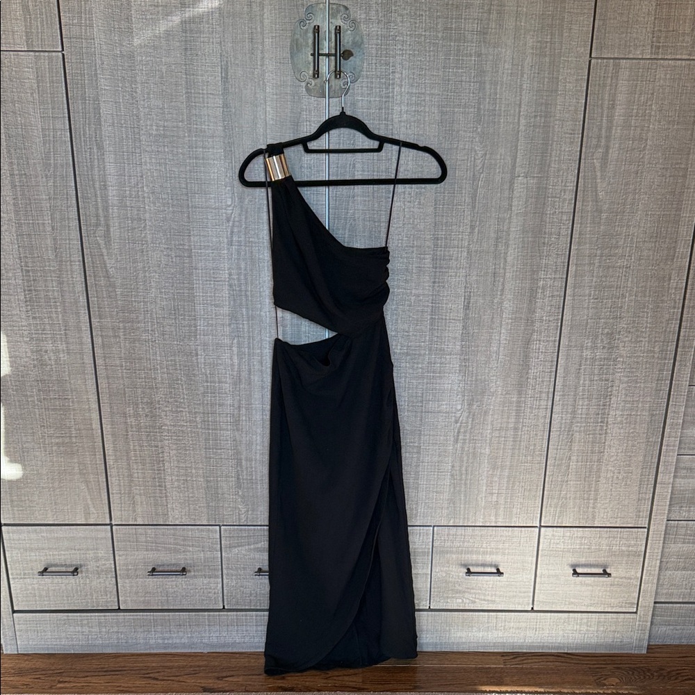 Zara Black One-Shoulder Cutout Dress‎ with Gold Accent